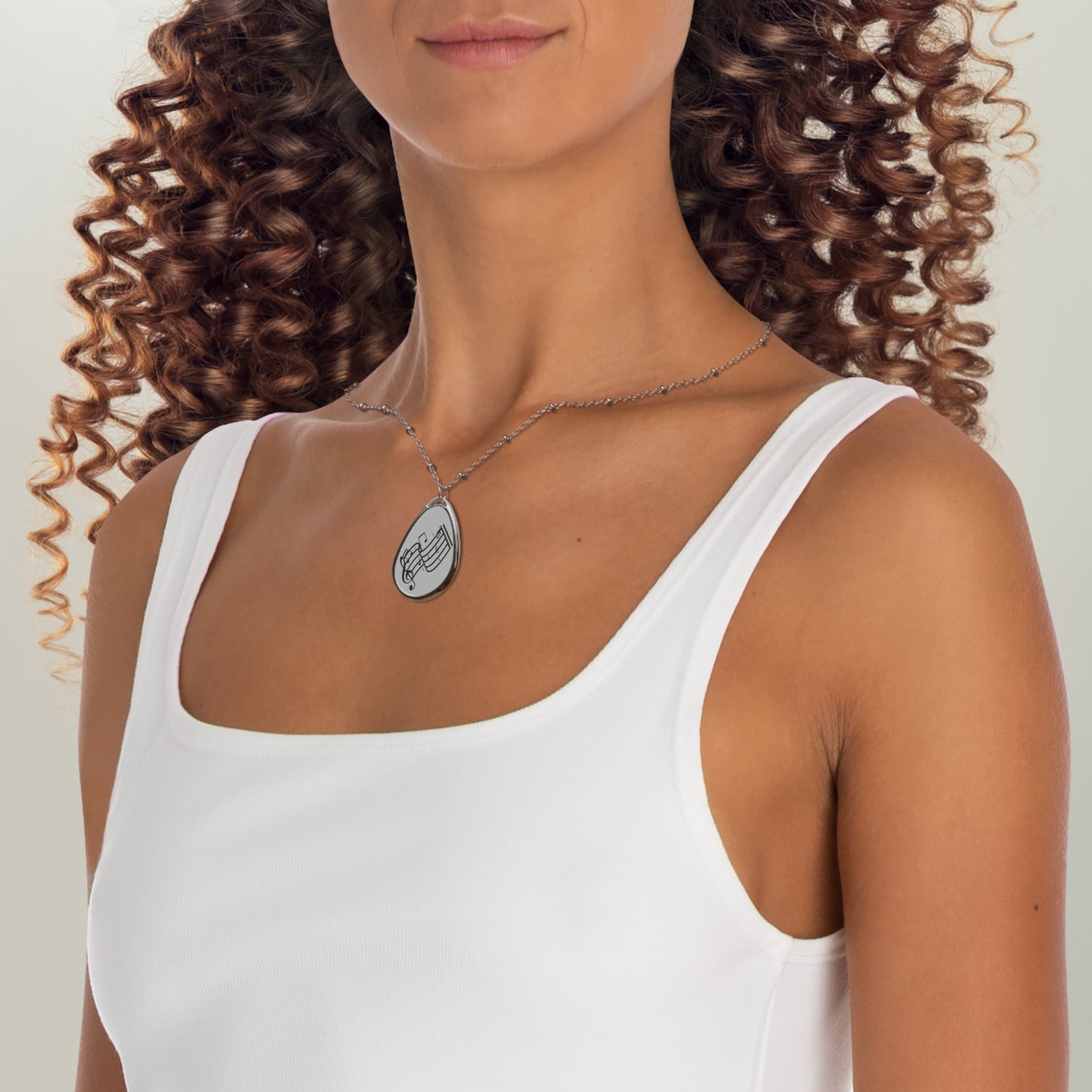 Oval Music Note Necklace — Silver Teardrop Pendant for Musicians & Music Lovers