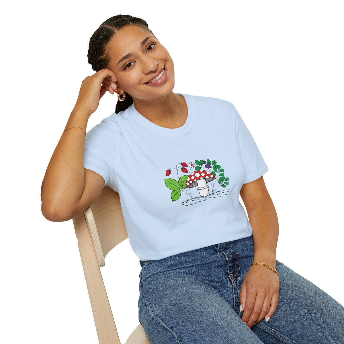 Whimsical Mushroom T-Shirt for Nature Lovers, Casual Tees, Gift for Gardeners, Unisex Softstyle Shirt, Eco-Friendly Apparel