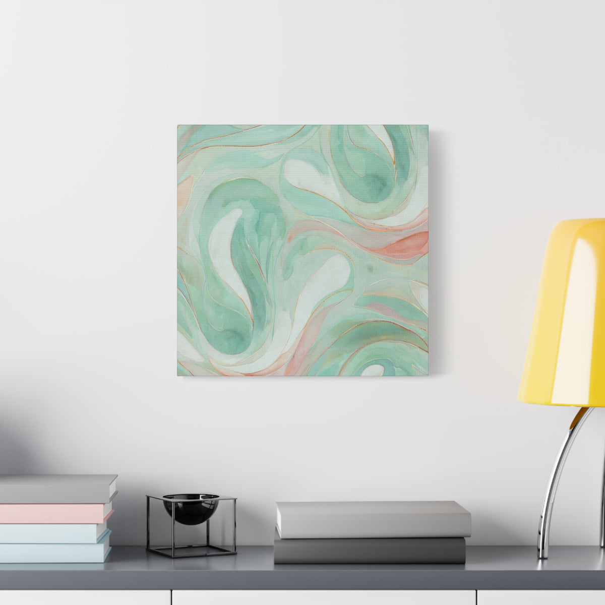 Abstract Green Marble Canvas Print — Teal & Coral Swirl Wall Art