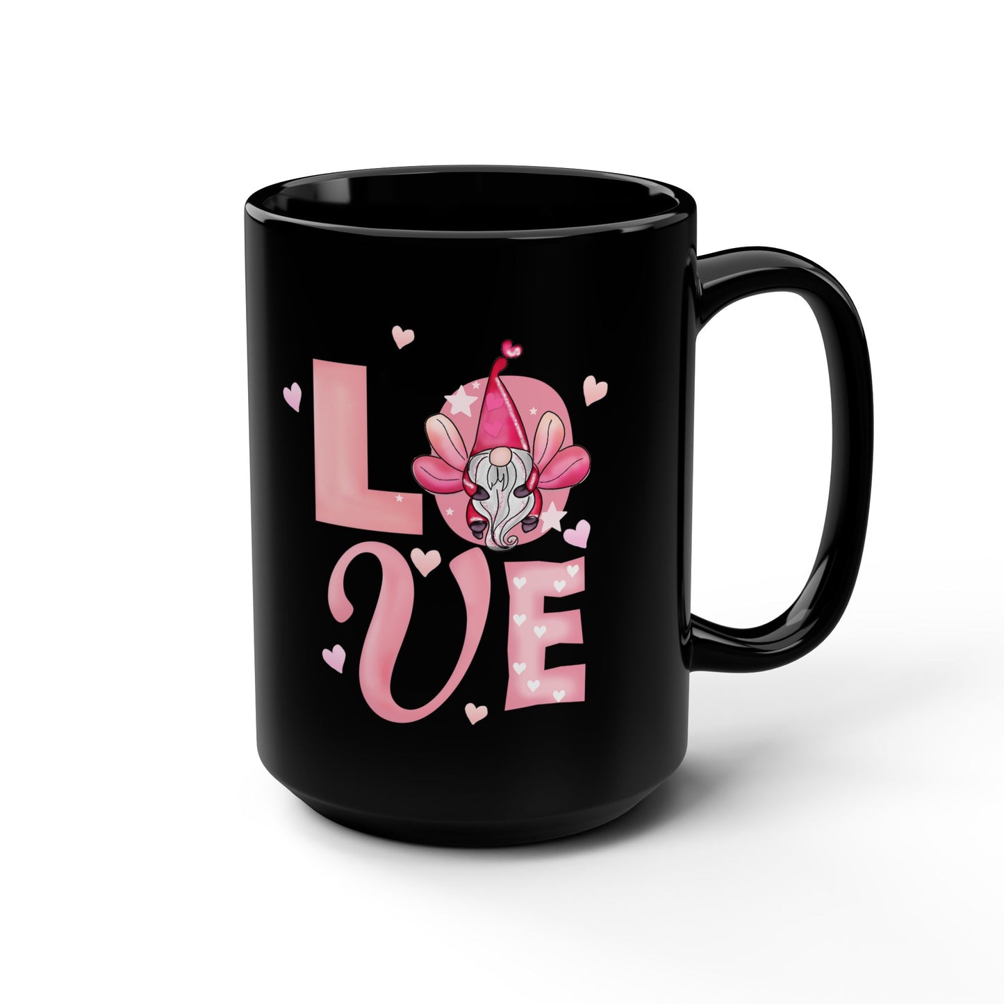 Love Florals 15oz Black Mug — Pink Heart & Lotus Coffee Cup