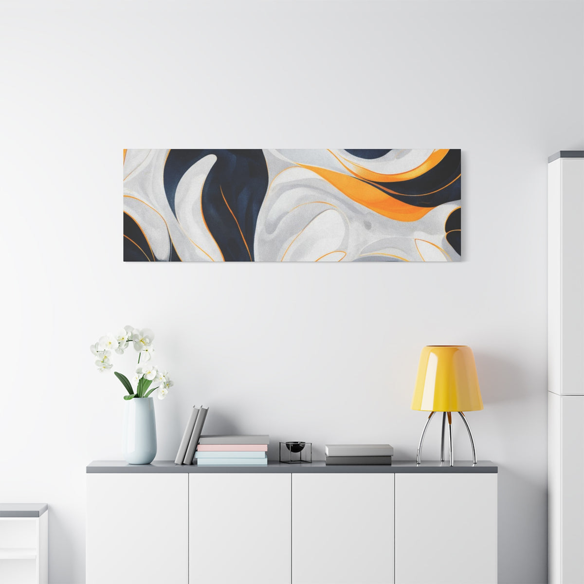 Abstract Fluid Art Matte Canvas Print — Navy, Gold & White Stretched Wall Art