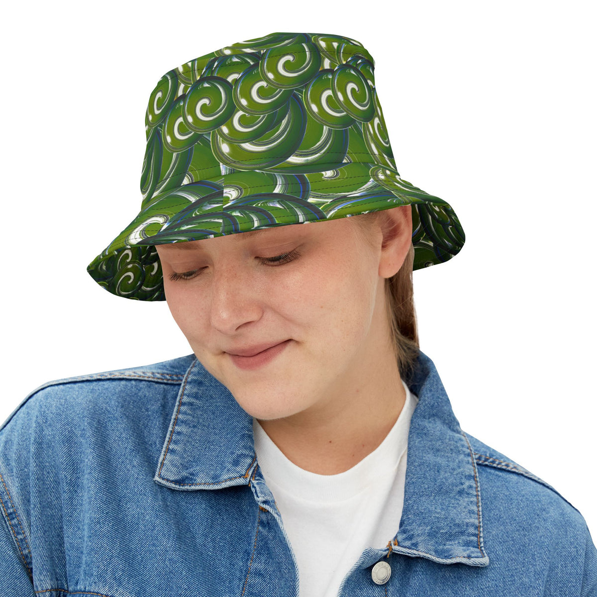 Green Swirl Pattern Bucket Hat – All-Over Print Casual Sun Hat