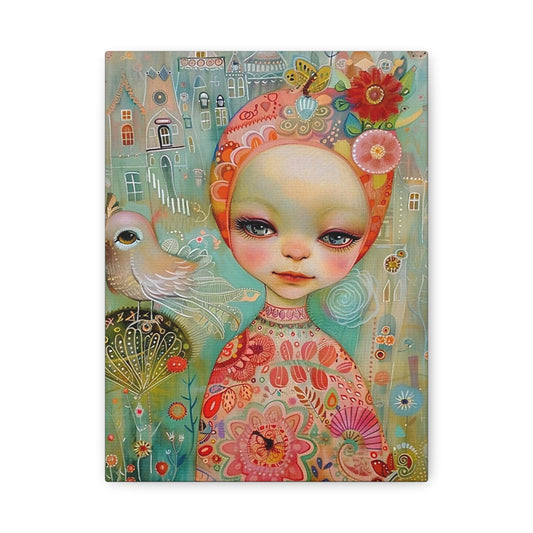 Whimsical Girl & Bird Matte Canvas Wall Art — Stretched Decorative Painting