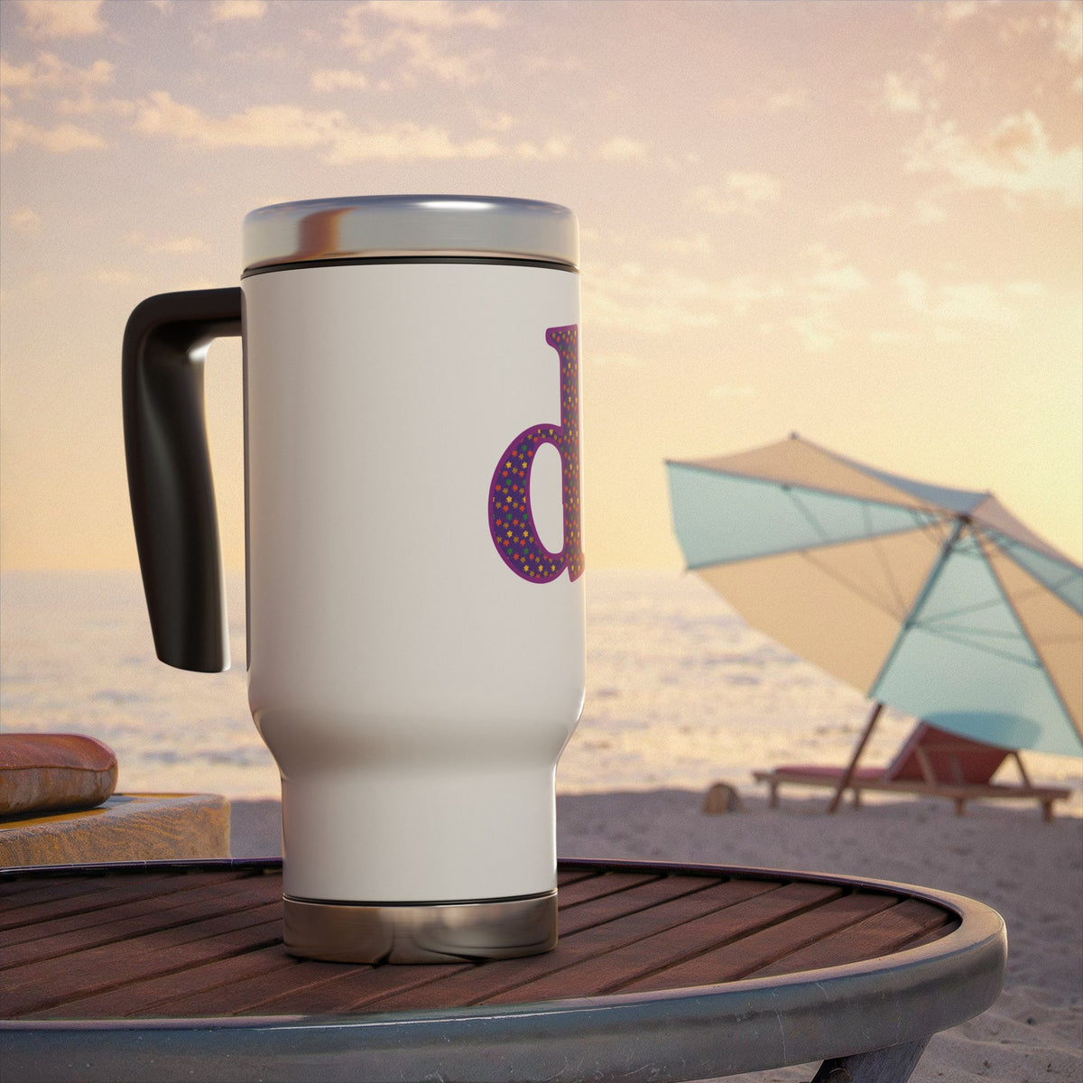 Monogram 'd' Purple Polka Dot Travel Mug – 14oz Stainless Steel with Handle