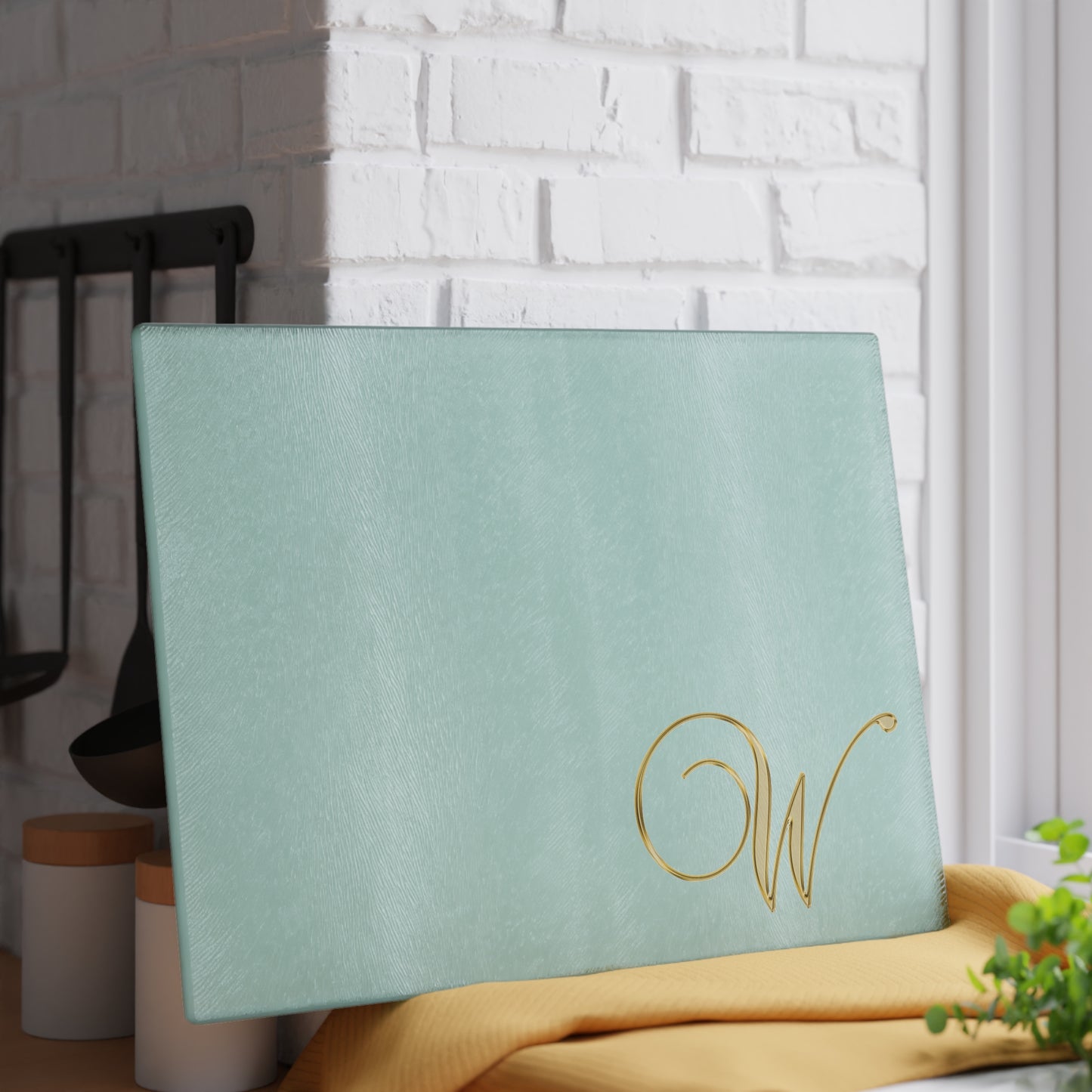 Monogram Glass Cutting Board - Elegant Mint with Gold Script "W"