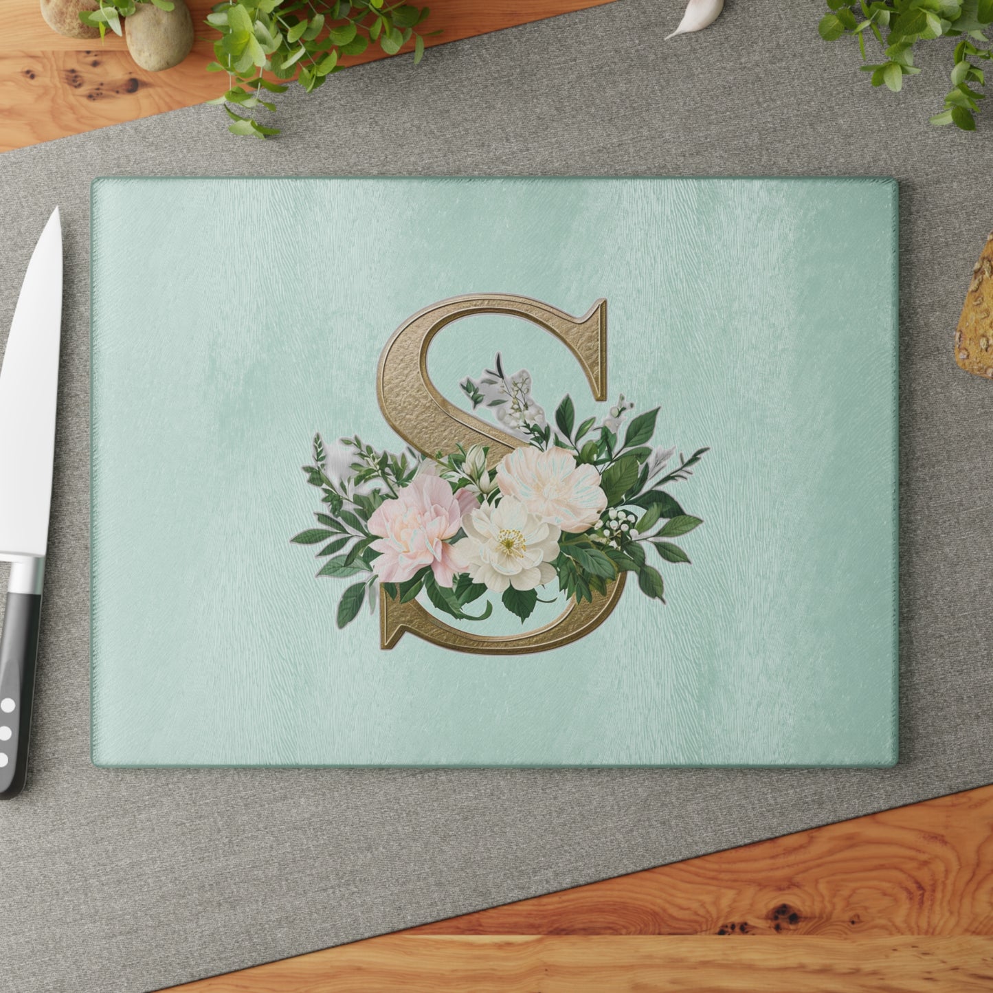 Personalized Floral Glass Cutting Board - Letter S