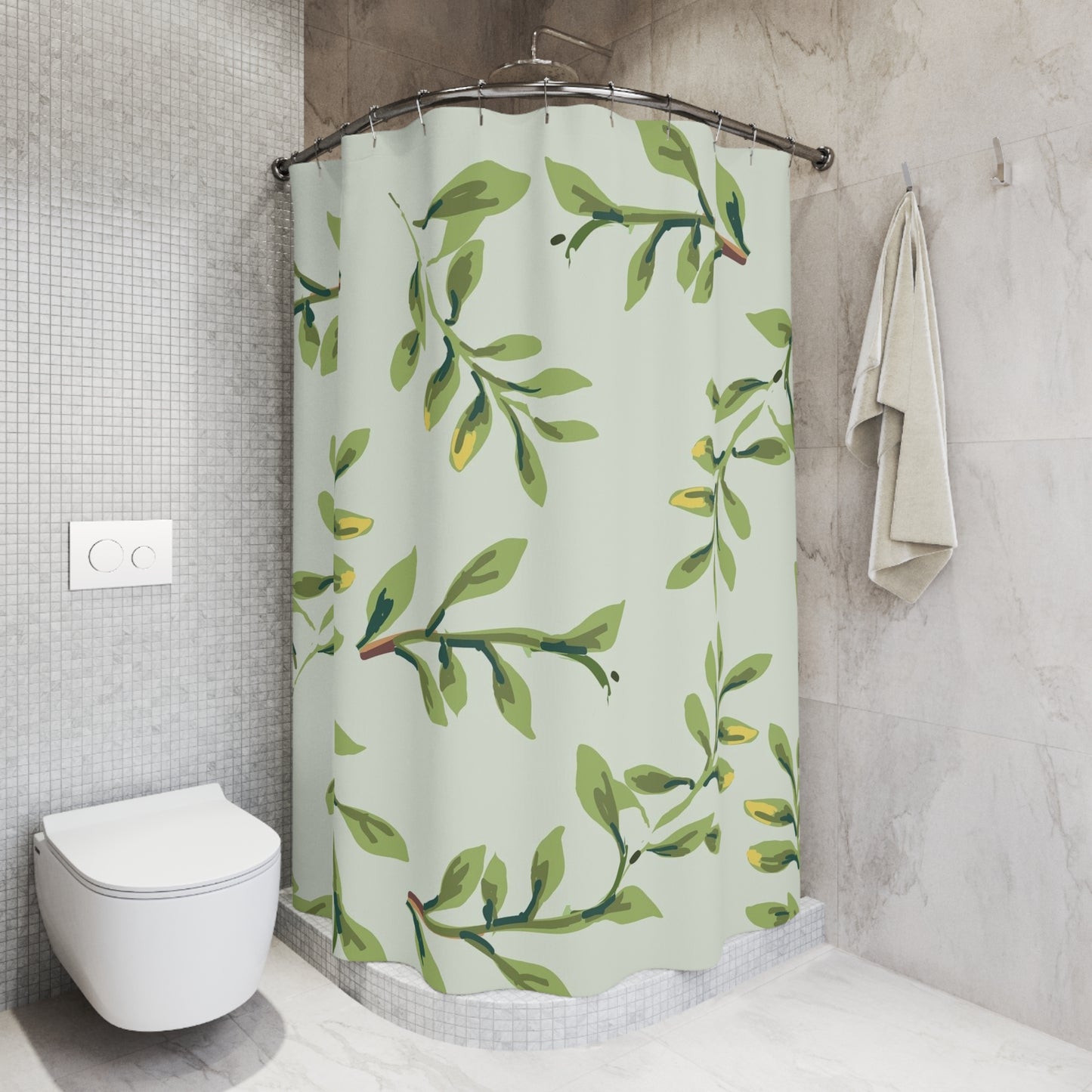 Botanical Olive Branch Shower Curtain — Green Leaf Bathroom Decor
