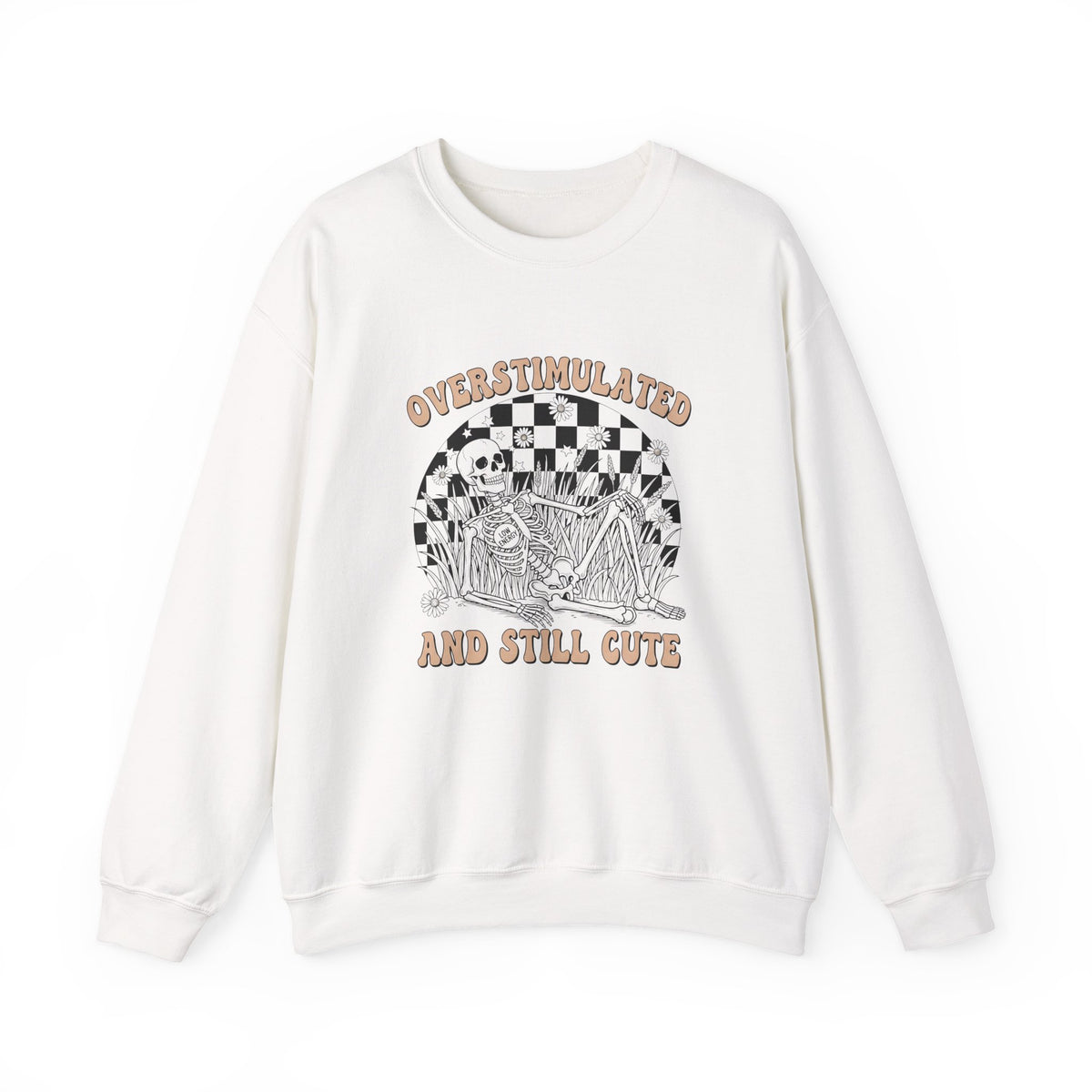 Sweatshirt — "Overstimulated and Still Cute" Skull Checkerboard Graphic Crewneck