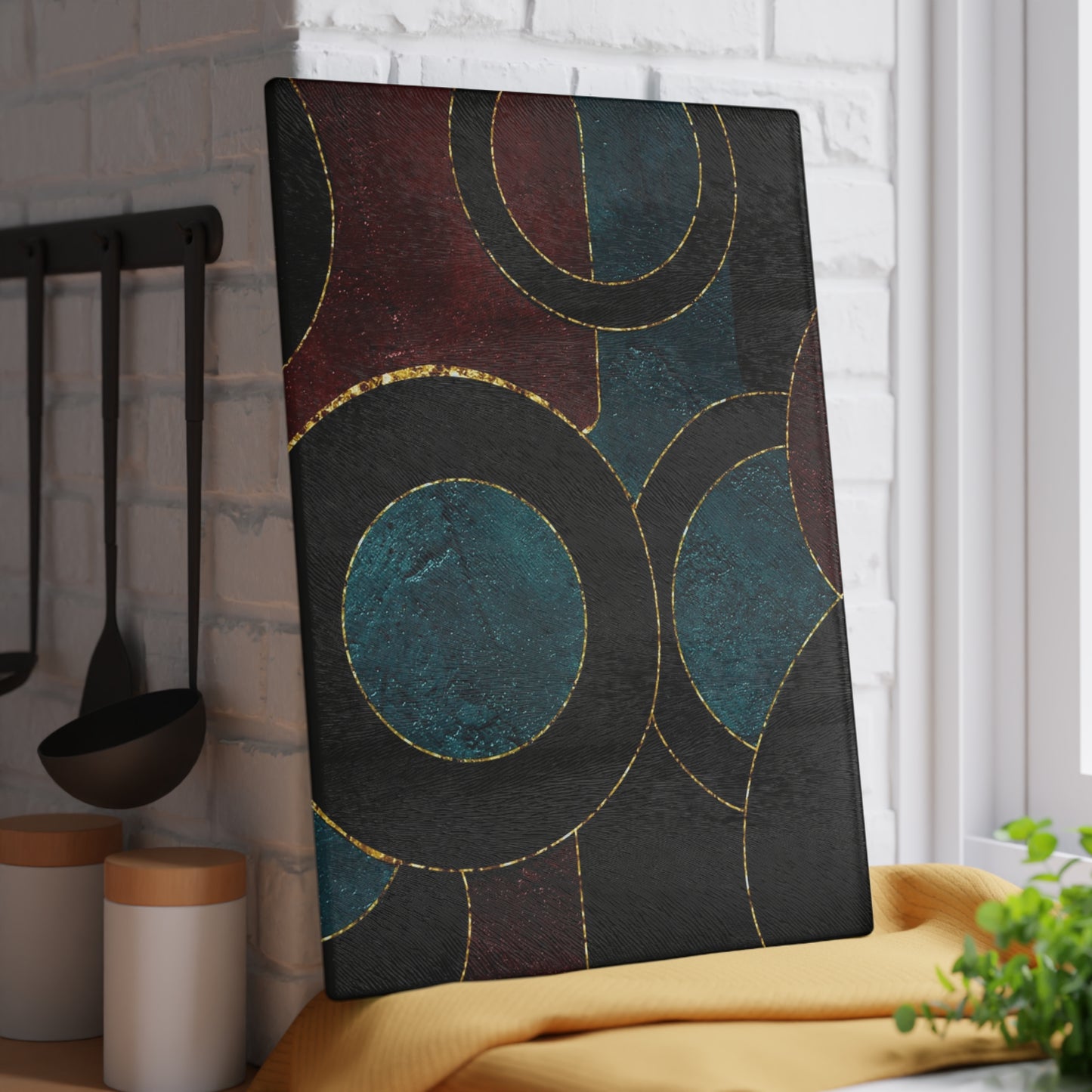 Geometric Circles Glass Cutting Board — Modern Teal & Burgundy Kitchen Decor
