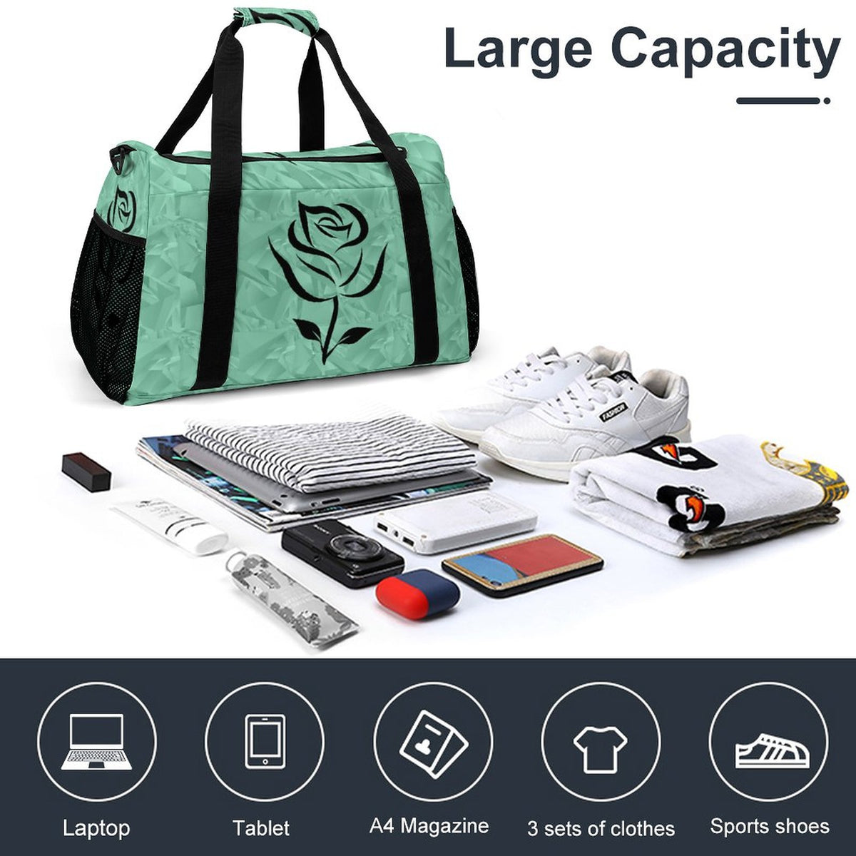 Travel Duffel Bag Teal with Black Rose