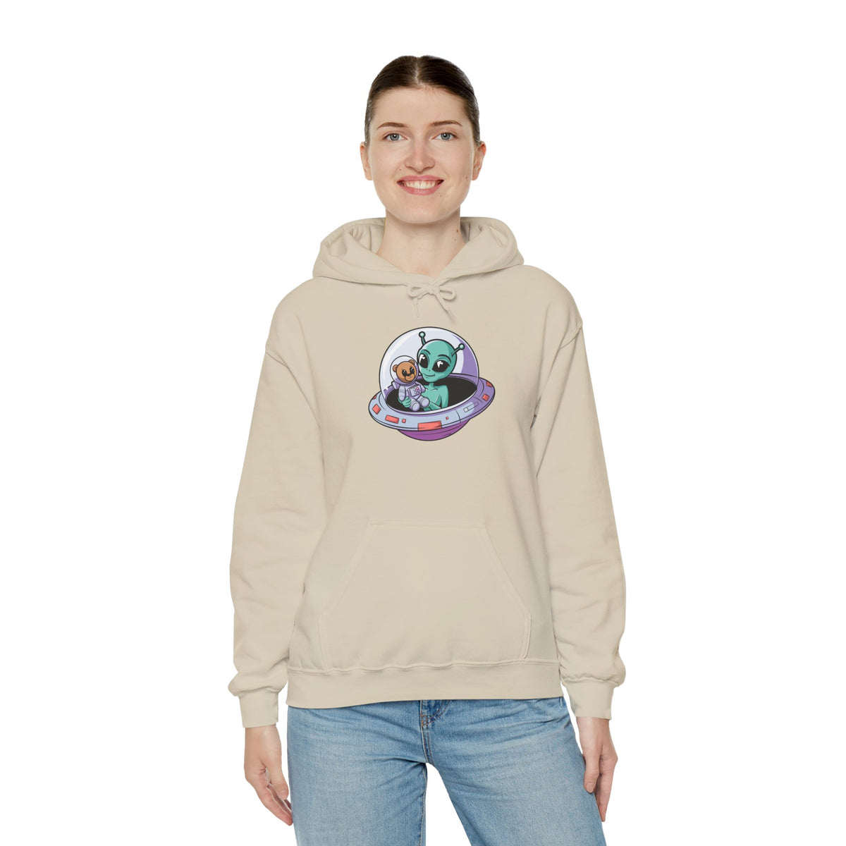Cute Alien and Kid Hoodie, Unisex Heavy Blend Sweatshirt, UFO Lover Gift, Halloween Costume, Space-Themed Outfit, Birthday Present