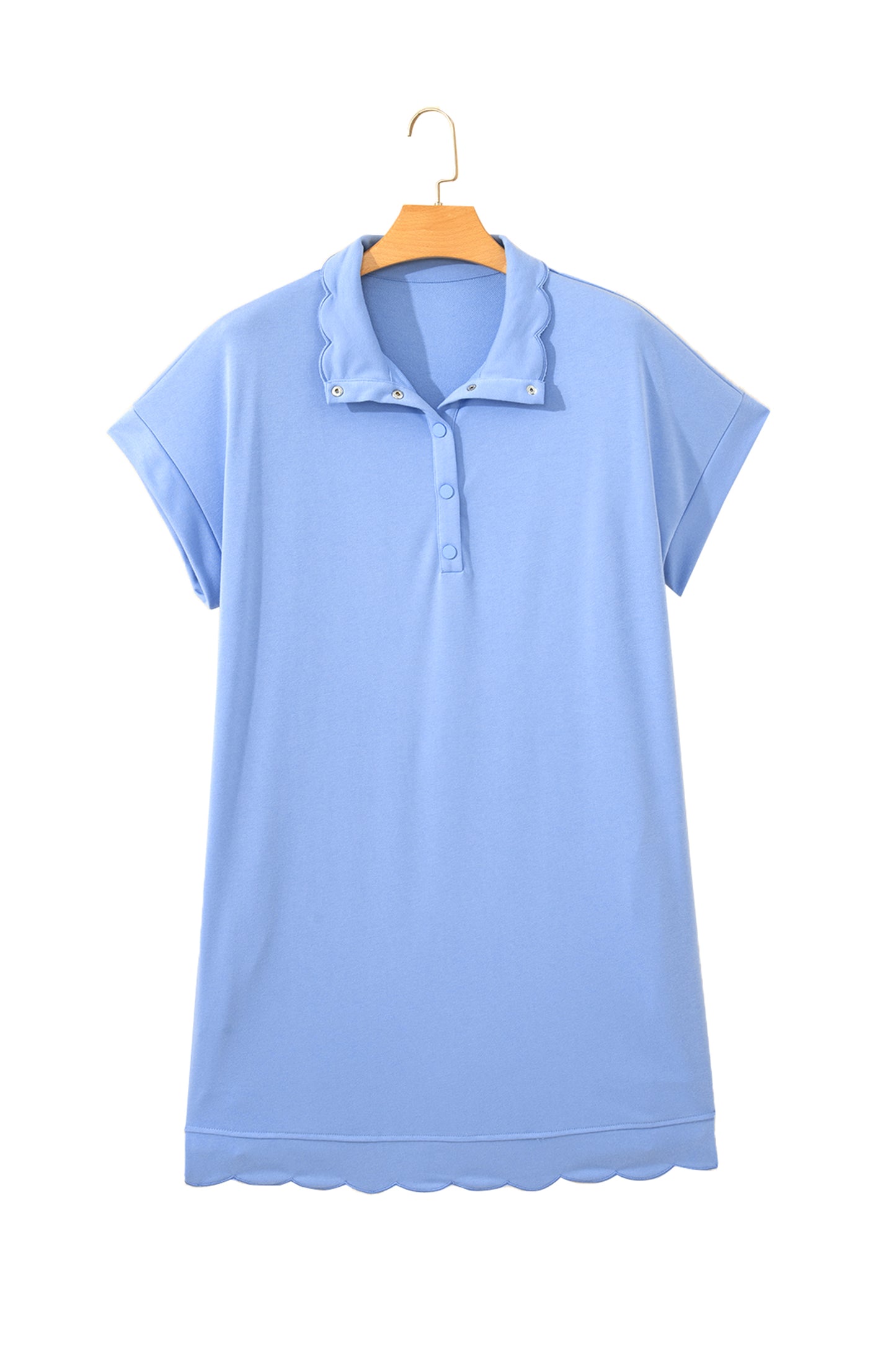 Beau Blue Plus Size Solid Scalloped Hem Button Neck Pullover Mini Dress