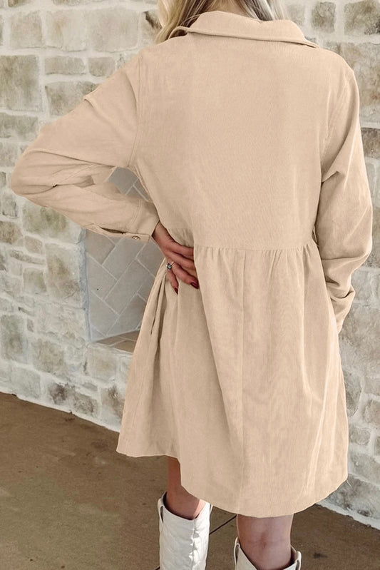 Dearlovers Oatmeal Corduroy Half Button Collared Long Sleeve Mini Dress