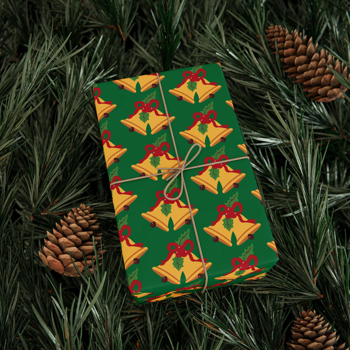Christmas Bells Wrapping Paper Roll — Green Holly Holiday Gift Wrap