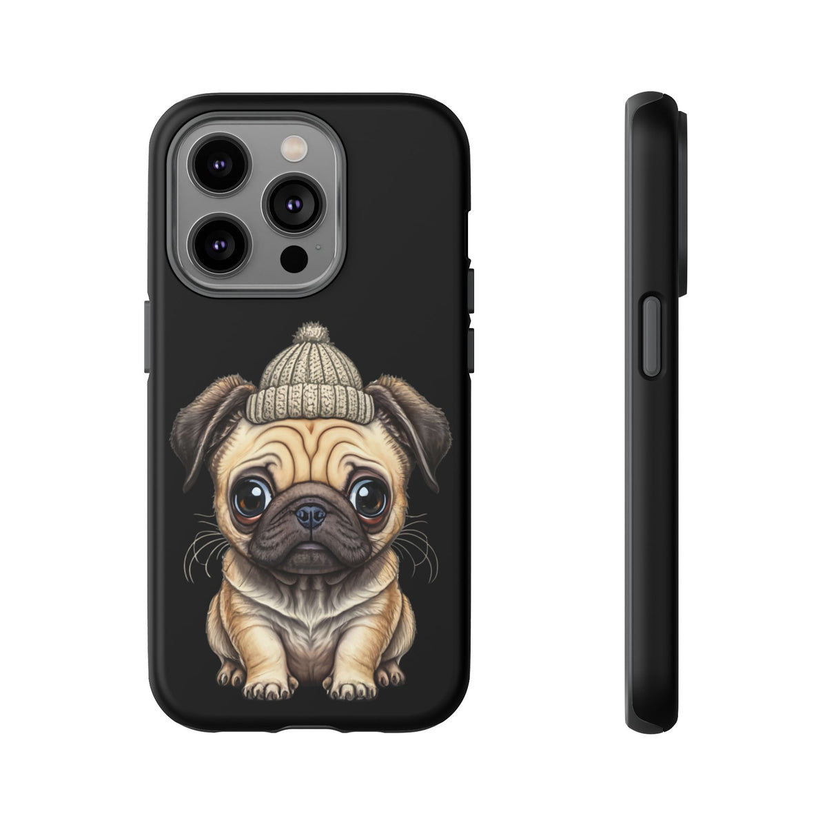 Pug Phone Case – Cute Pug Puppy Illustration on Black Tough Case