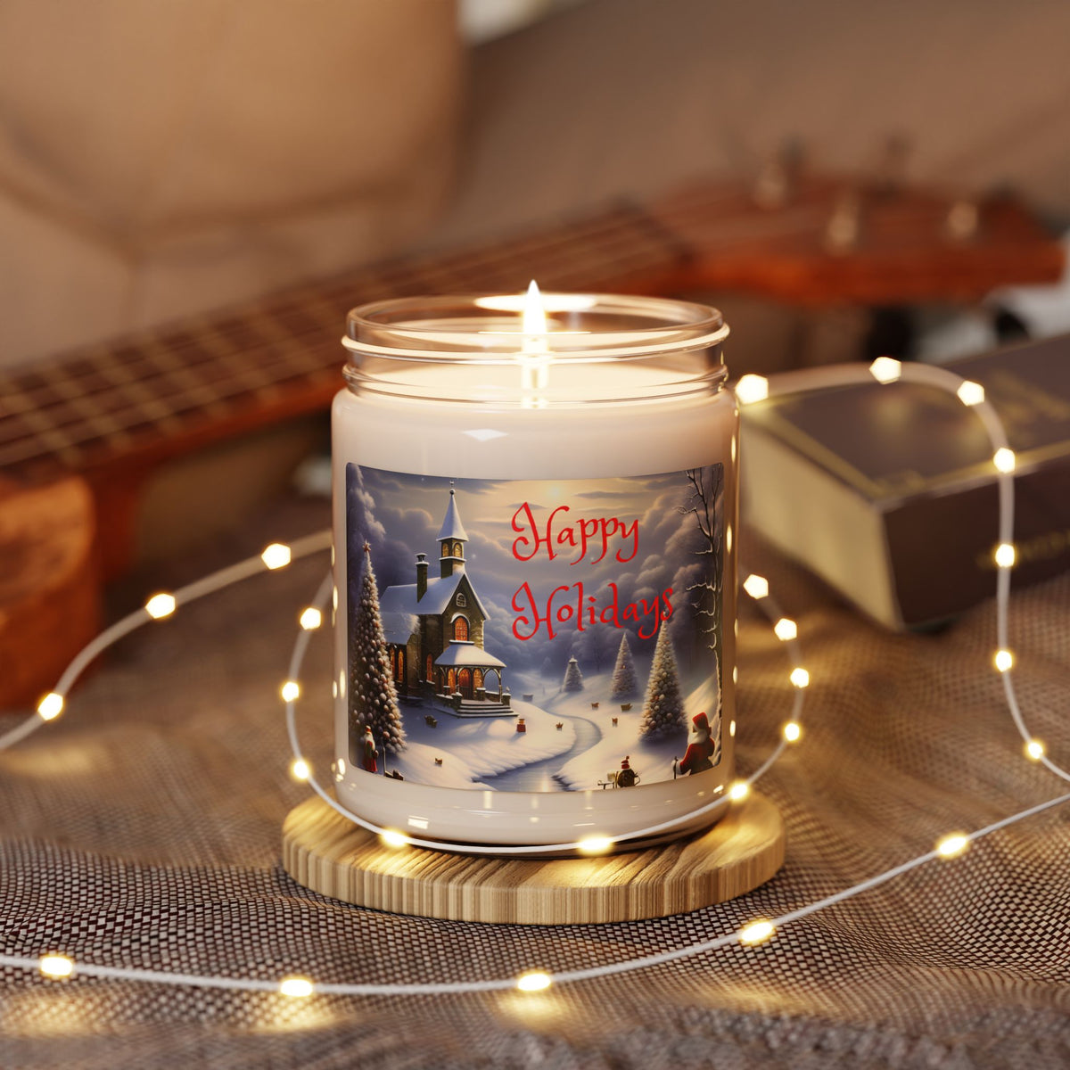 Happy Holidays 9oz Scented Soy Candle — Winter Church Snow Scene Holiday Candle