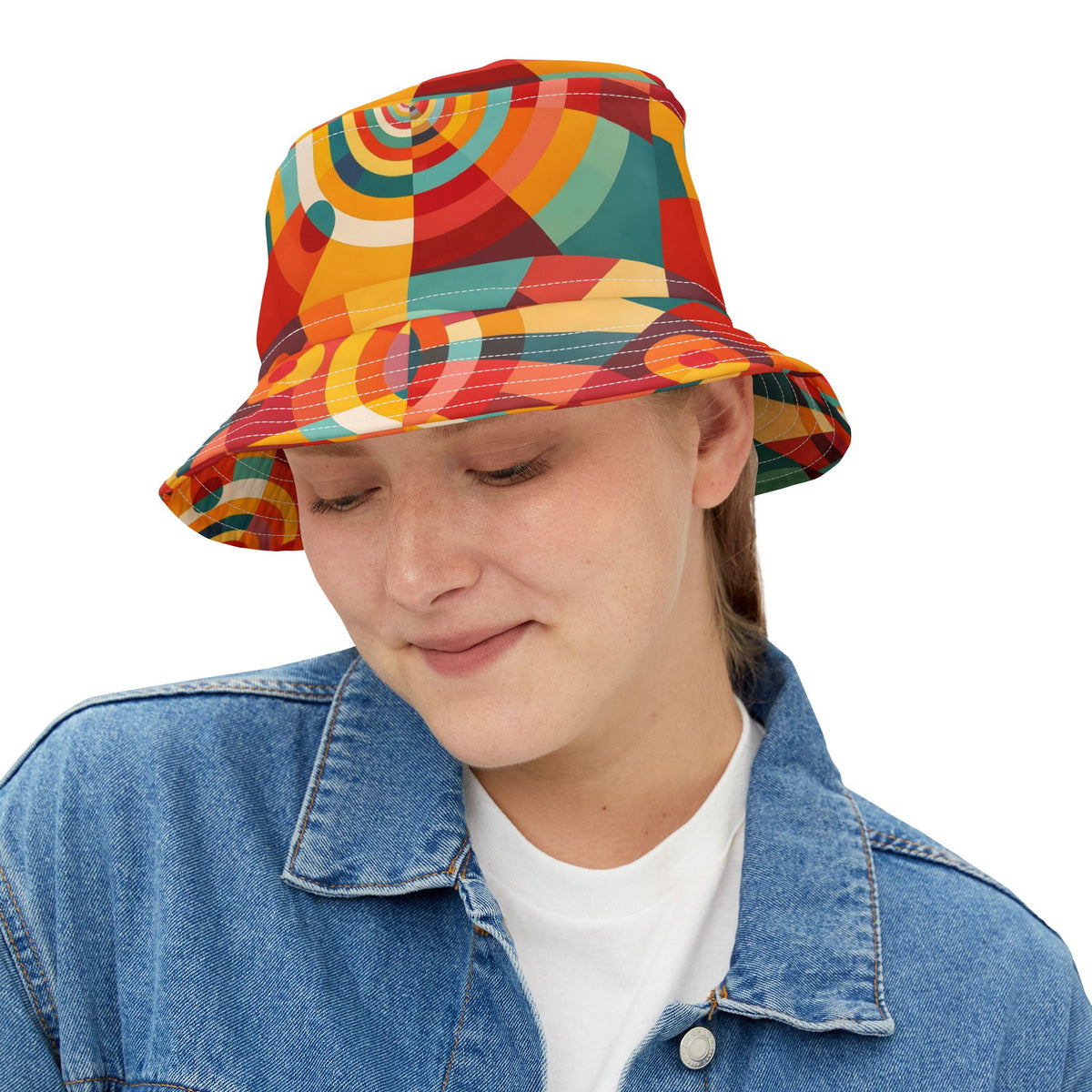 Retro Geometric Bucket Hat — Colorful 70s-Inspired Abstract Print
