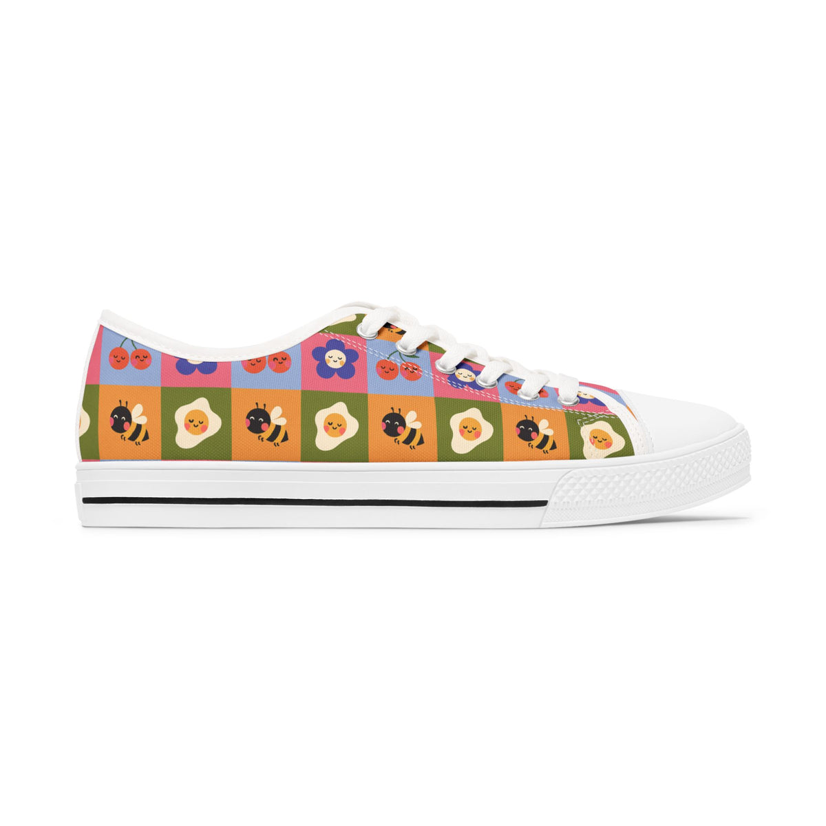 Women's Low Top Sneakers — Retro Floral & Bee Checkerboard Printed Casual Shoes