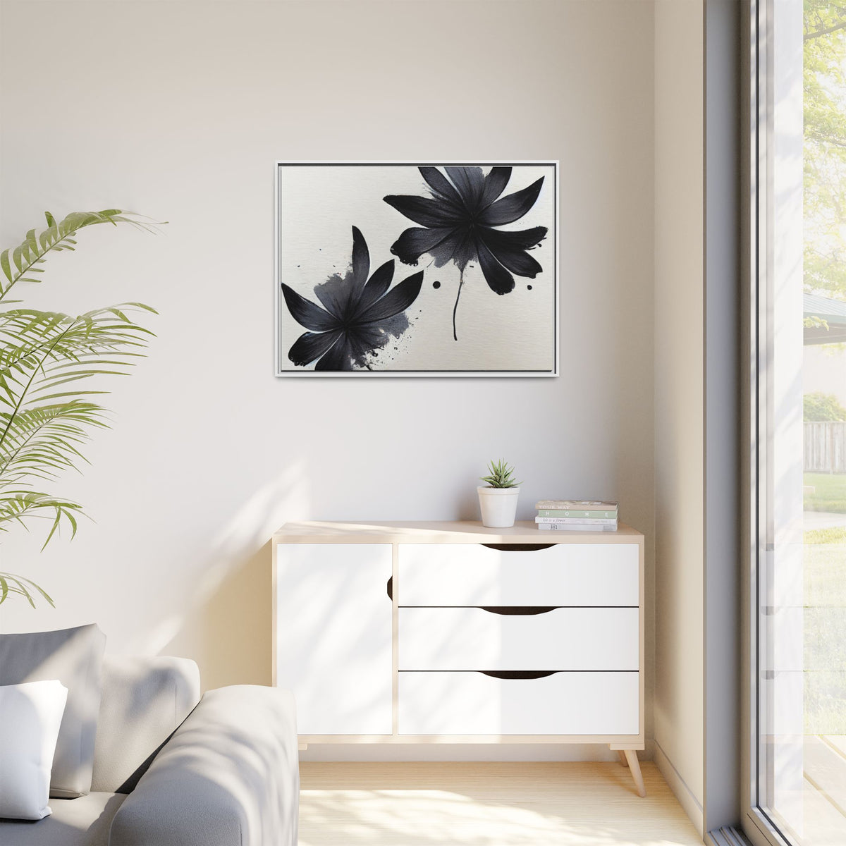 Framed Black Floral Matte Canvas Wall Art — Monochrome Botanical Print