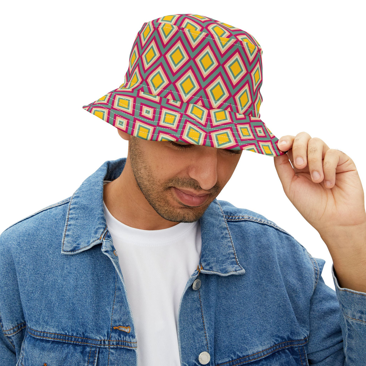 Diamond Geo Print Bucket Hat — Colorful Retro Festival Sun Hat