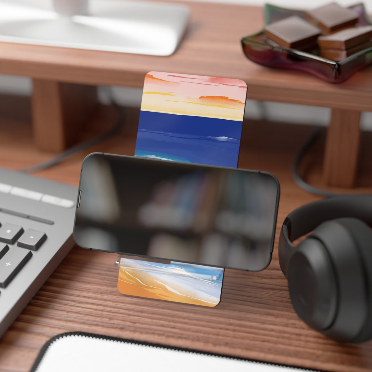 Beach Sunset Phone Stand — Foldable Mobile Display Stand with Abstract Ocean Design
