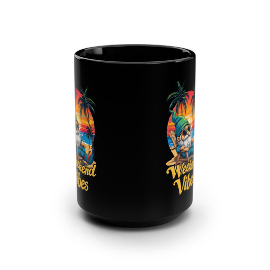 Weekend Vibes Mug — Tropical Sunset Gnome 15oz Black Coffee Cup