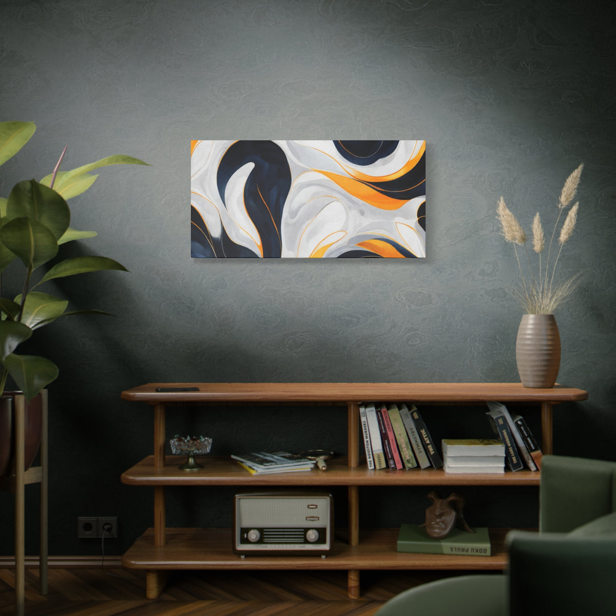 Abstract Fluid Art Matte Canvas Print — Navy, Gold & White Stretched Wall Art
