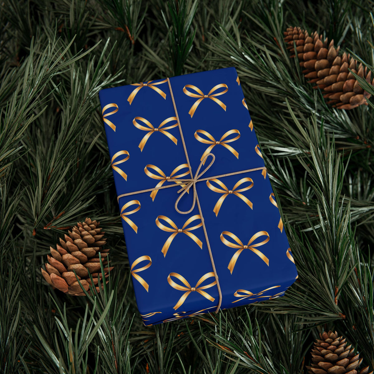 Wrapping Paper — Blue Gift Wrap with Gold Ribbon Pattern