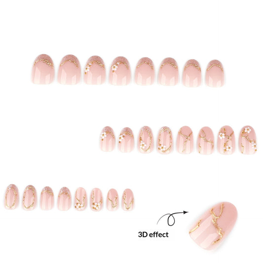 Soft Pink Floral Almond Nails with Gold Details – Image 2