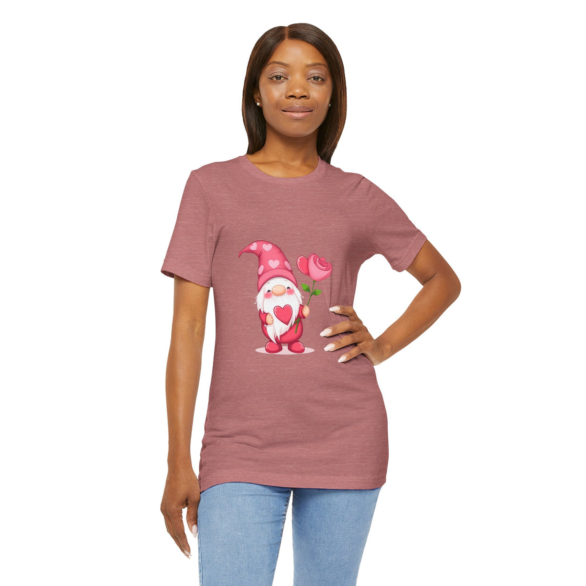 Valentine Gnome T‑Shirt — Cute Pink Gnome Holding Rose Tee