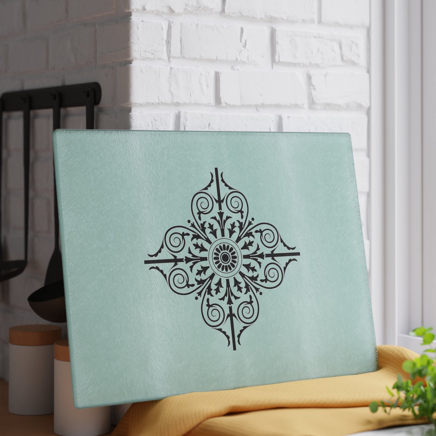 Mint Floral Medallion Glass Cutting Board — Decorative Kitchen Prep Board