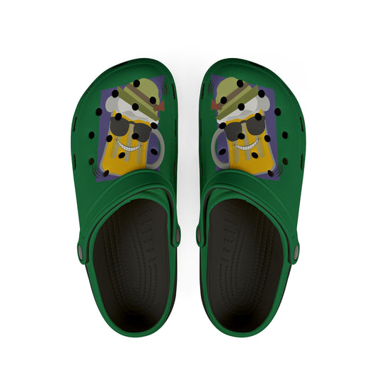 Green Foam Clogs with Cool Sunglasses Mug Graphic — Fun Casual Slip-On Shoes