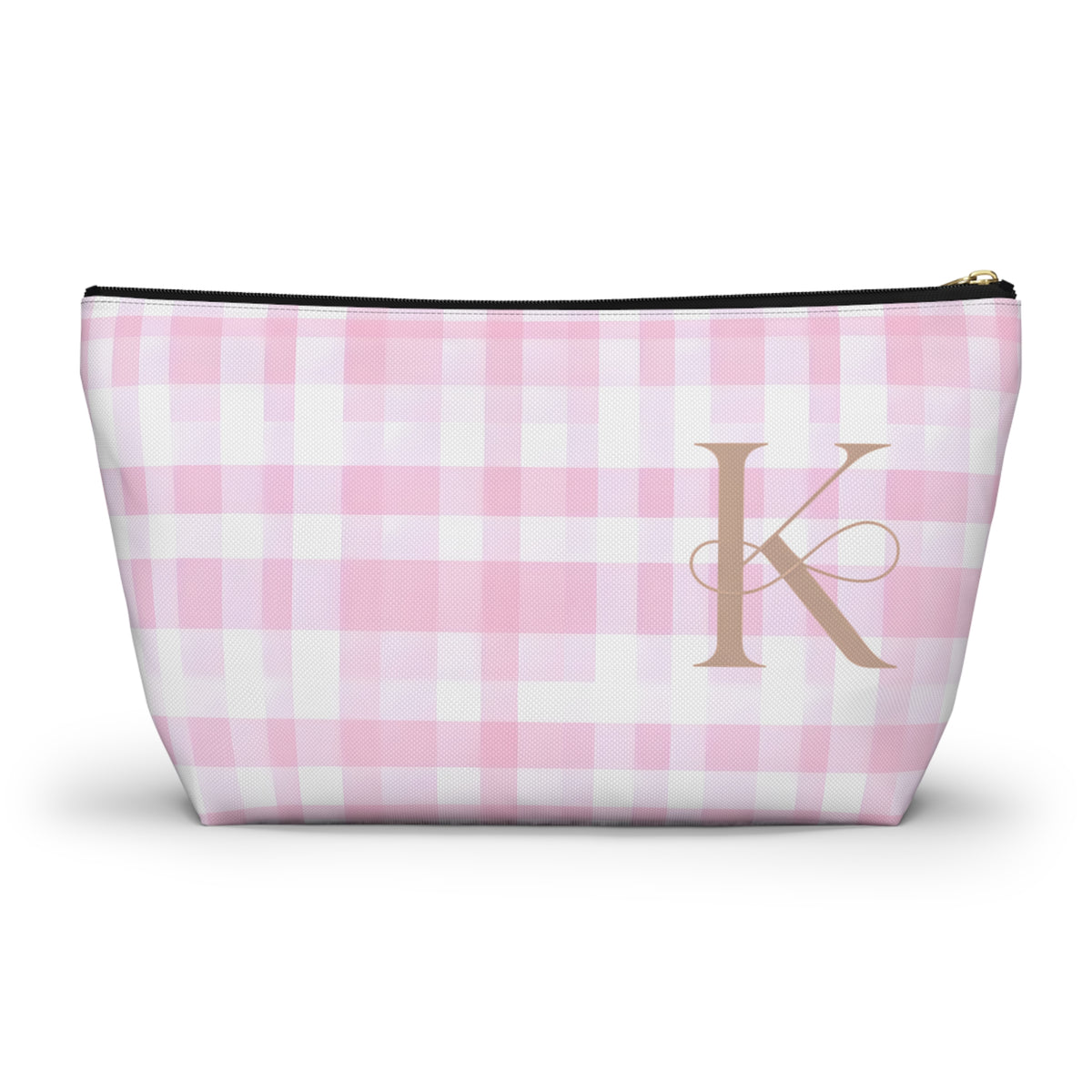 Personalized Pink Gingham Accessory Pouch, Makeup Bag - Letter K
