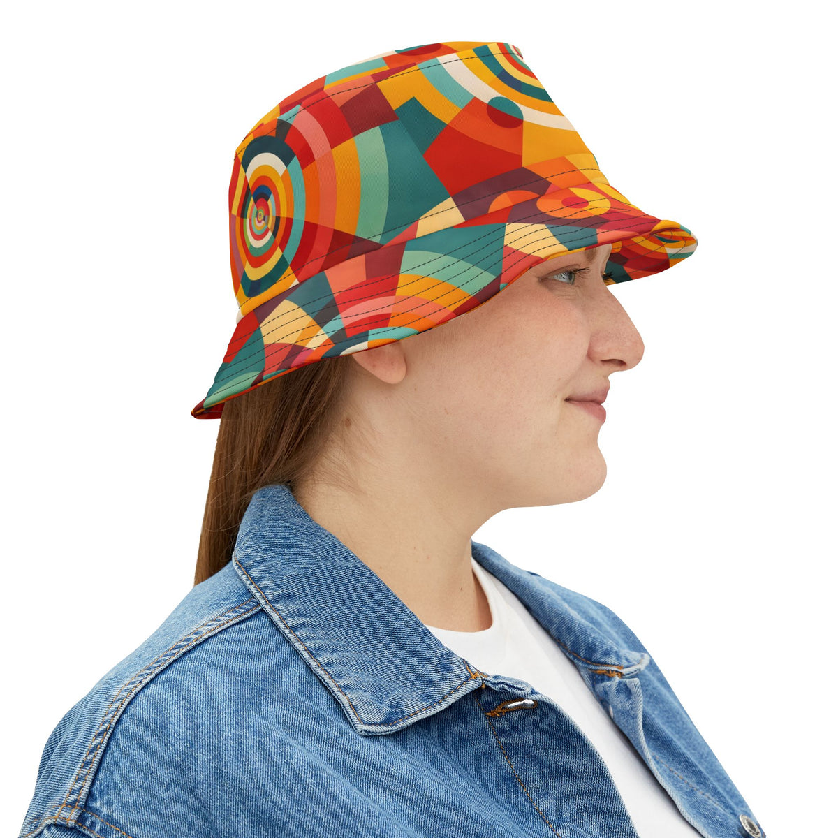 Retro Geometric Bucket Hat — Colorful 70s-Inspired Abstract Print