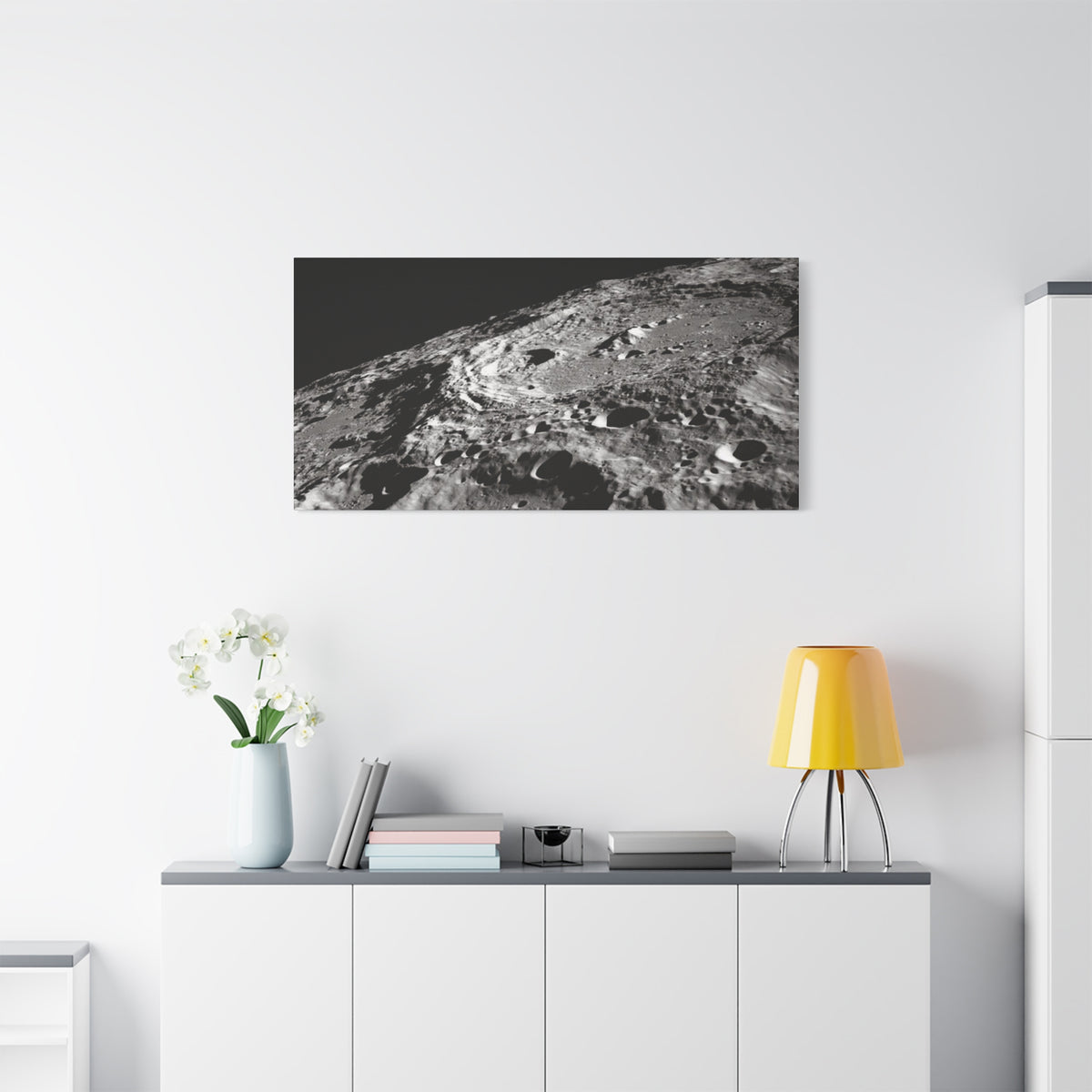 Lunar Surface Matte Canvas Print — Black & White Moon Crater Wall Art