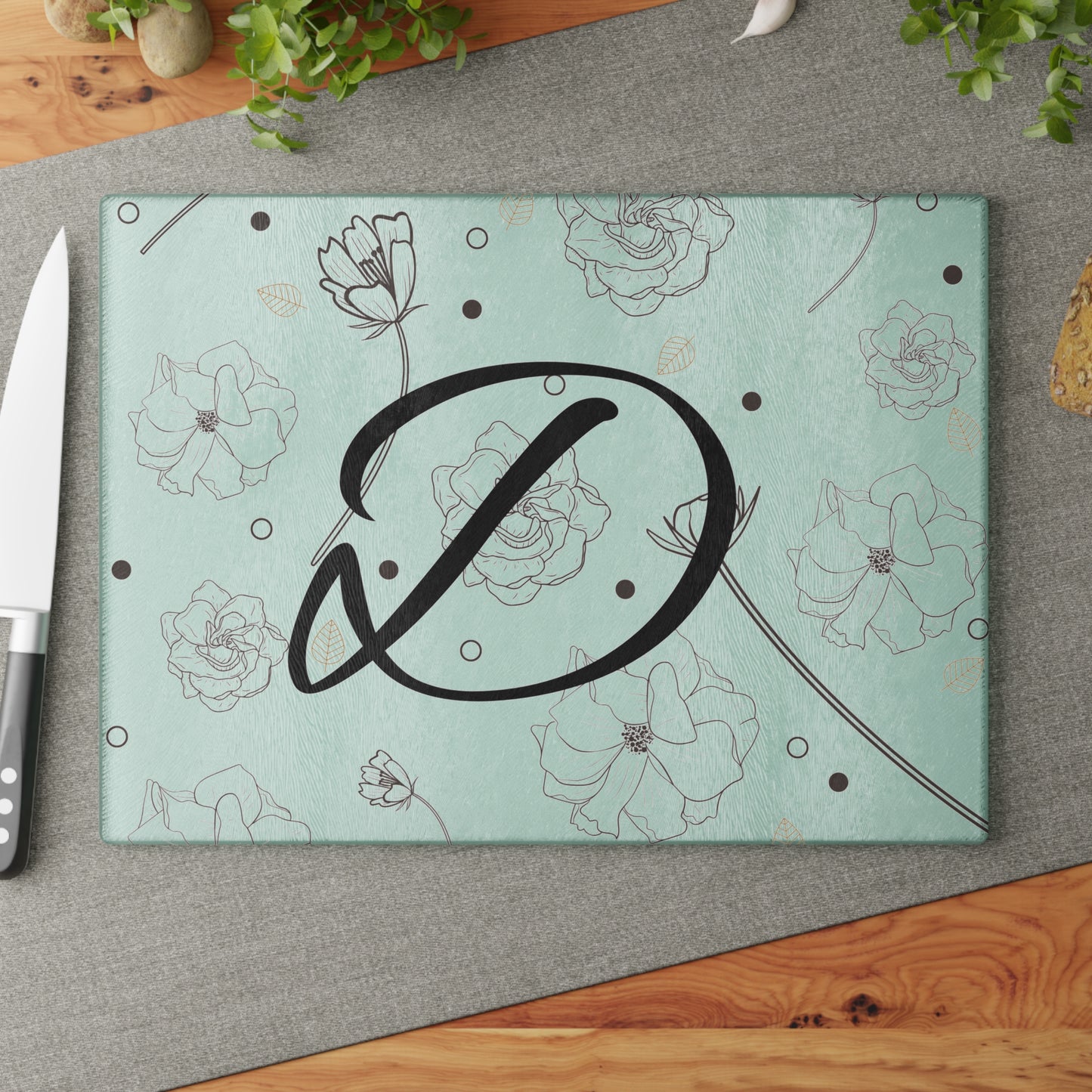 Personalized Floral Glass Cutting Board Letter D