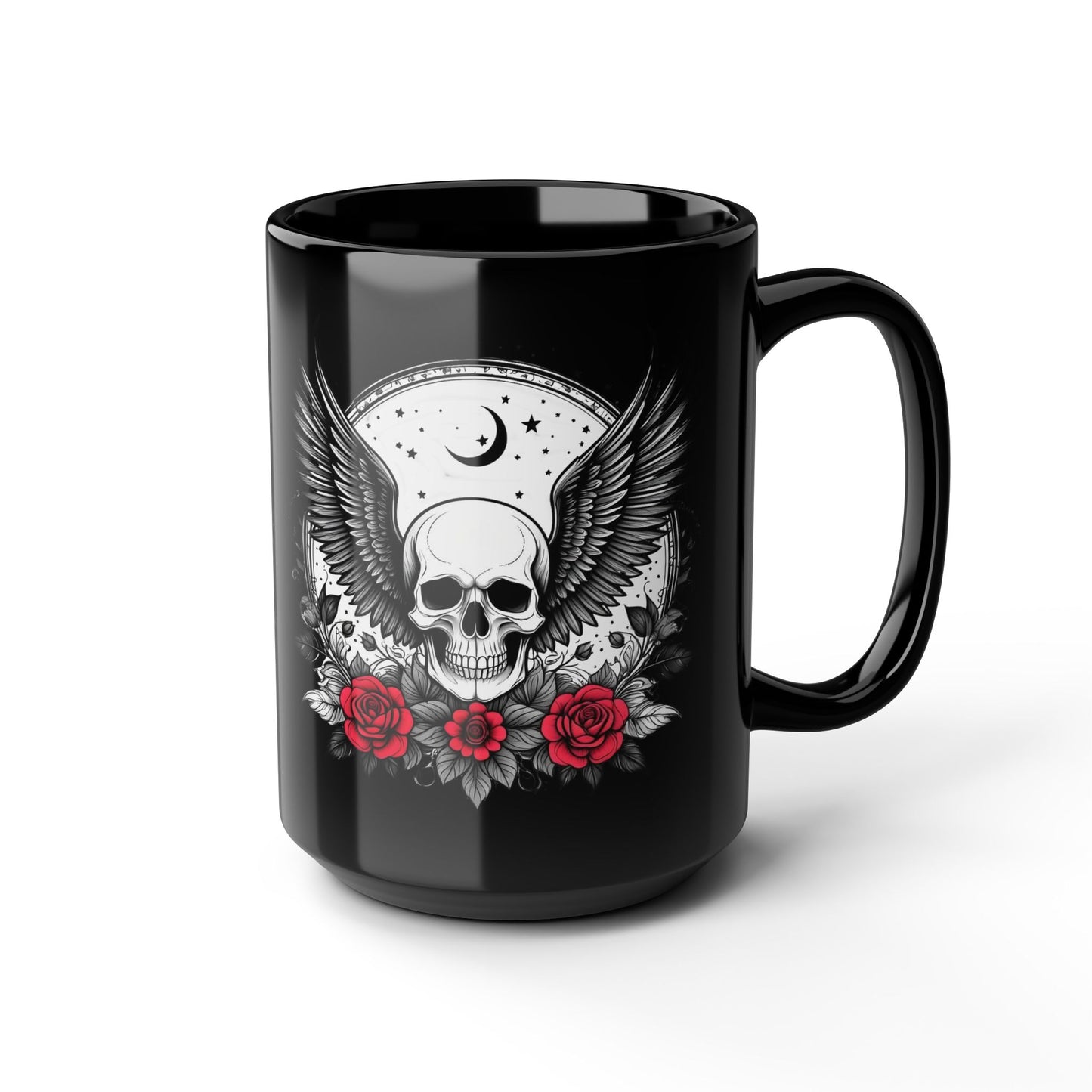 Black Skull & Roses Mug — 15oz Gothic Coffee Cup with Wings and Moon Design