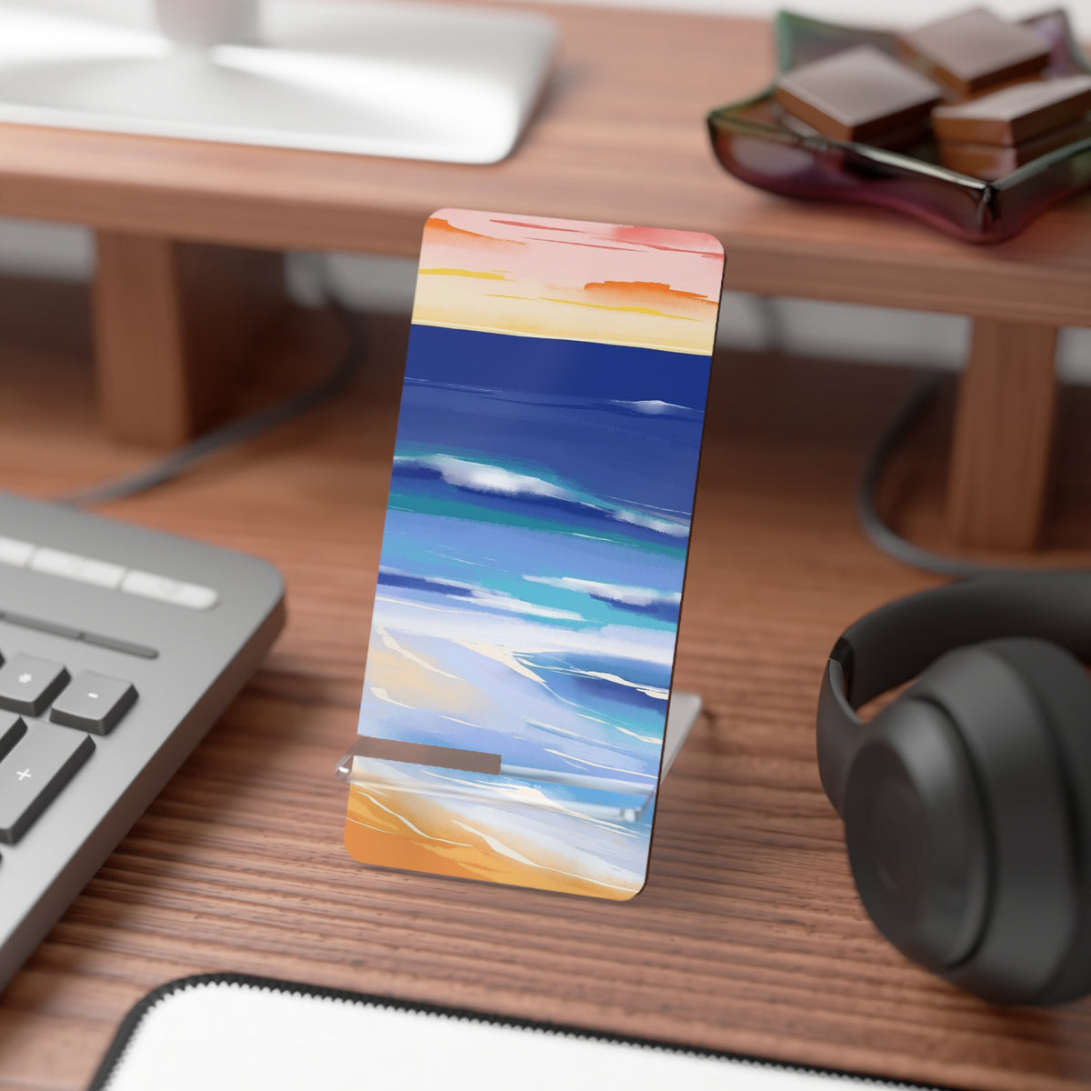 Beach Sunset Phone Stand — Foldable Mobile Display Stand with Abstract Ocean Design