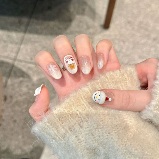 Snowman and Gold Bell Christmas Press‑On Nails – Snowflake Design – Image 2