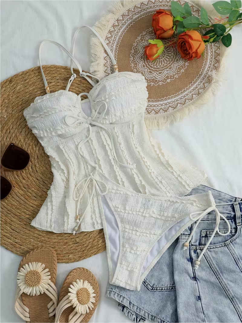 Women'S Solid Color Apricot Beaded Halter Top And Bikini Set, Suitable for Summer Beach Vacations