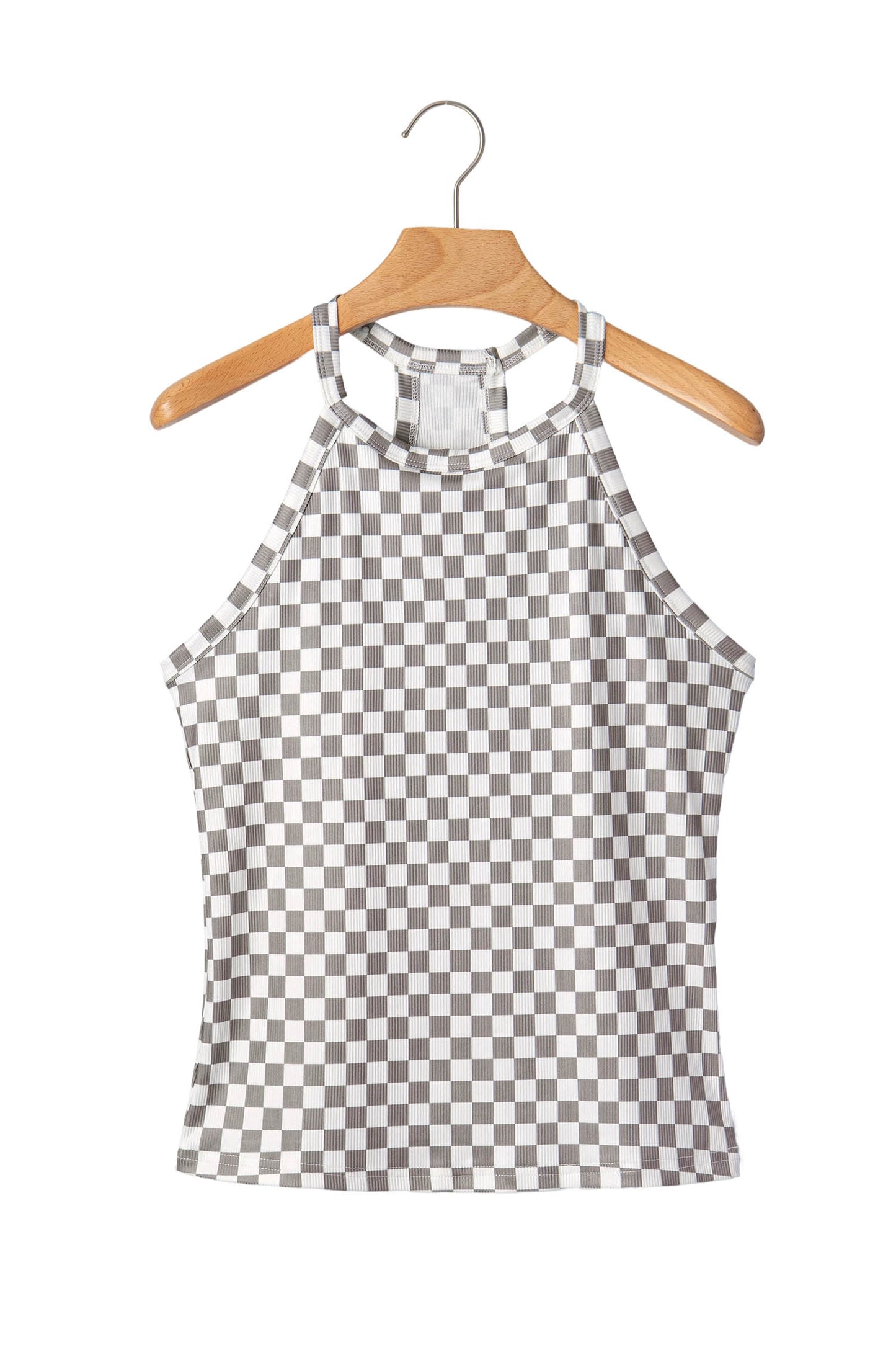 Gray Checkered Print Textured Halter Tank Top