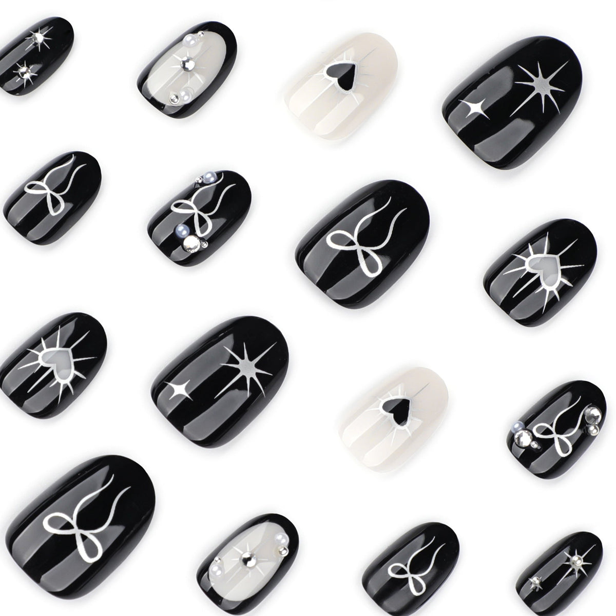 Black and White Heart Bow Nails with Pearl Accents – Image 3