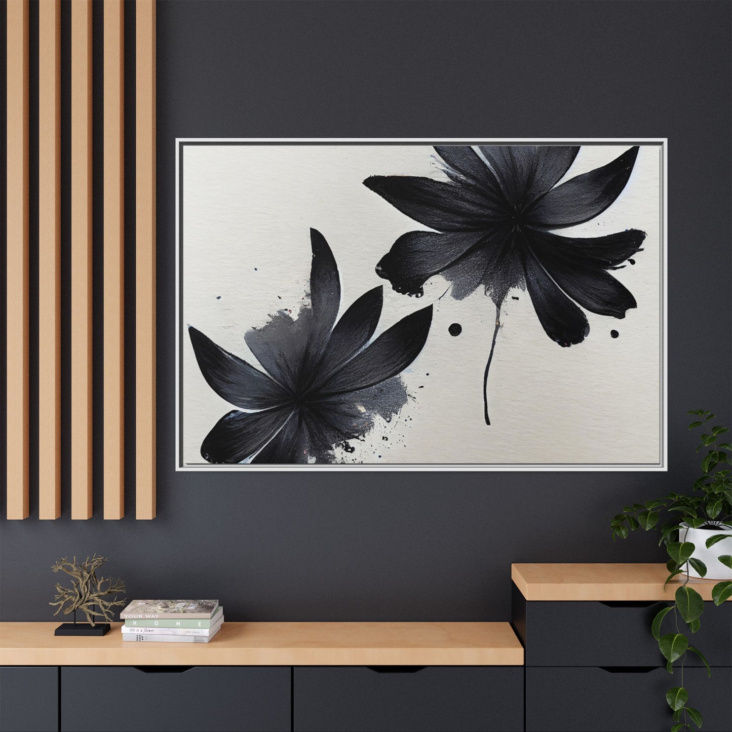 Framed Black Floral Matte Canvas Wall Art — Monochrome Botanical Print