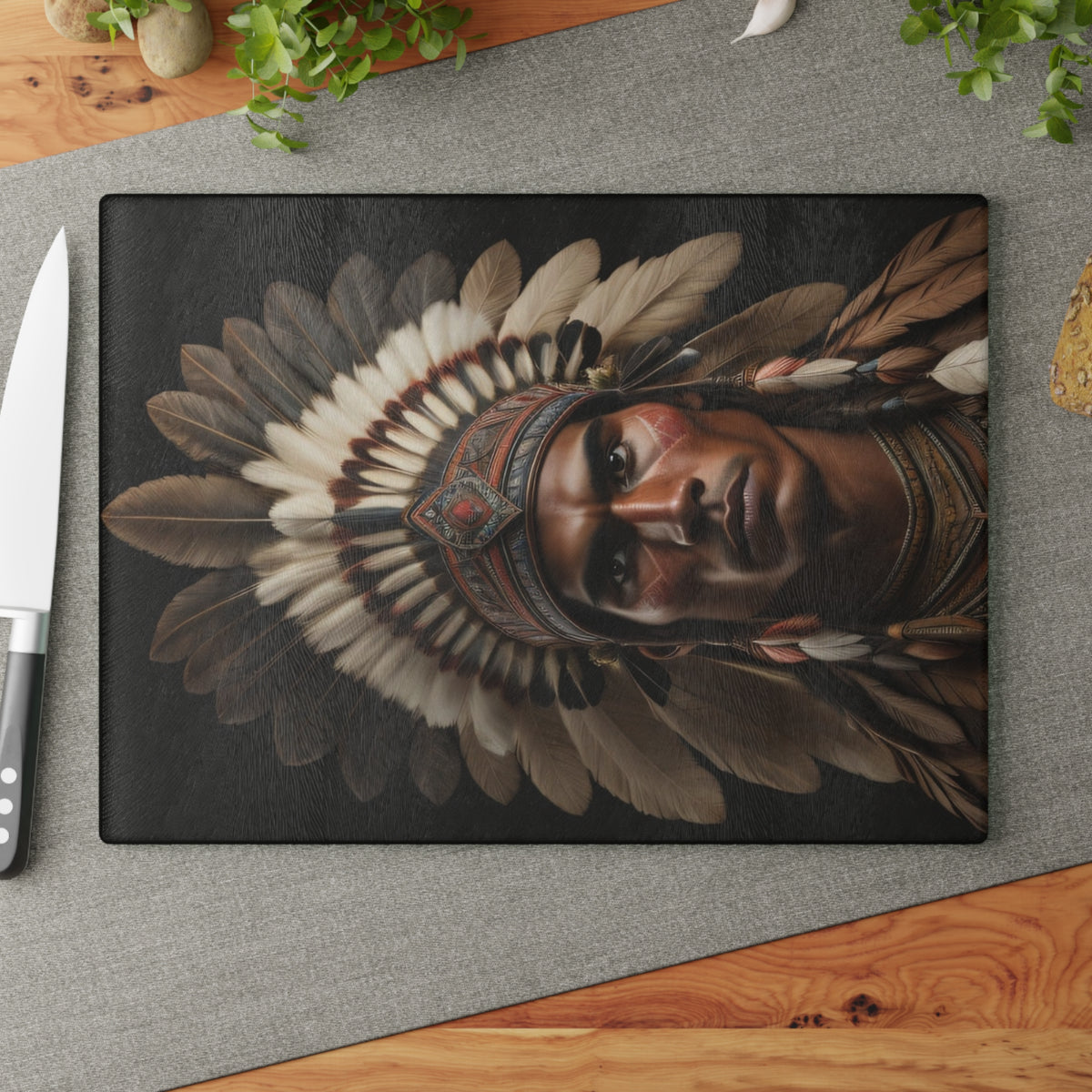 Handcrafted Glass Cutting Board with Native American Headdress Design, Chef Gift, Kitchen Decor, Unique Housewarming Gift, Functional Art