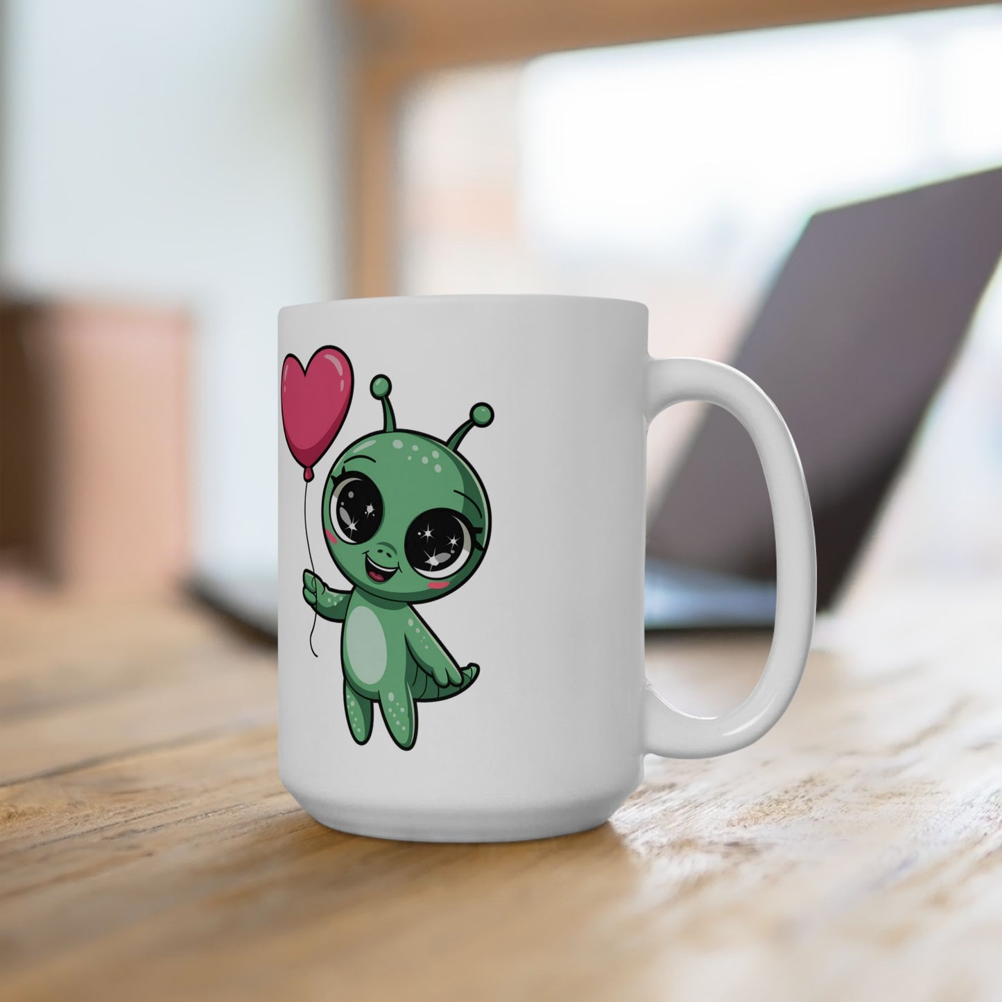 Cute Alien Holding Heart Balloon Ceramic Mug — 11oz & 15oz Gift Mug