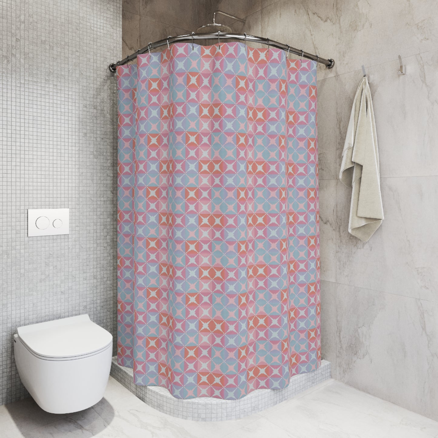 Geometric Pastel Shower Curtain — Retro Tile Pattern in Pink & Blue