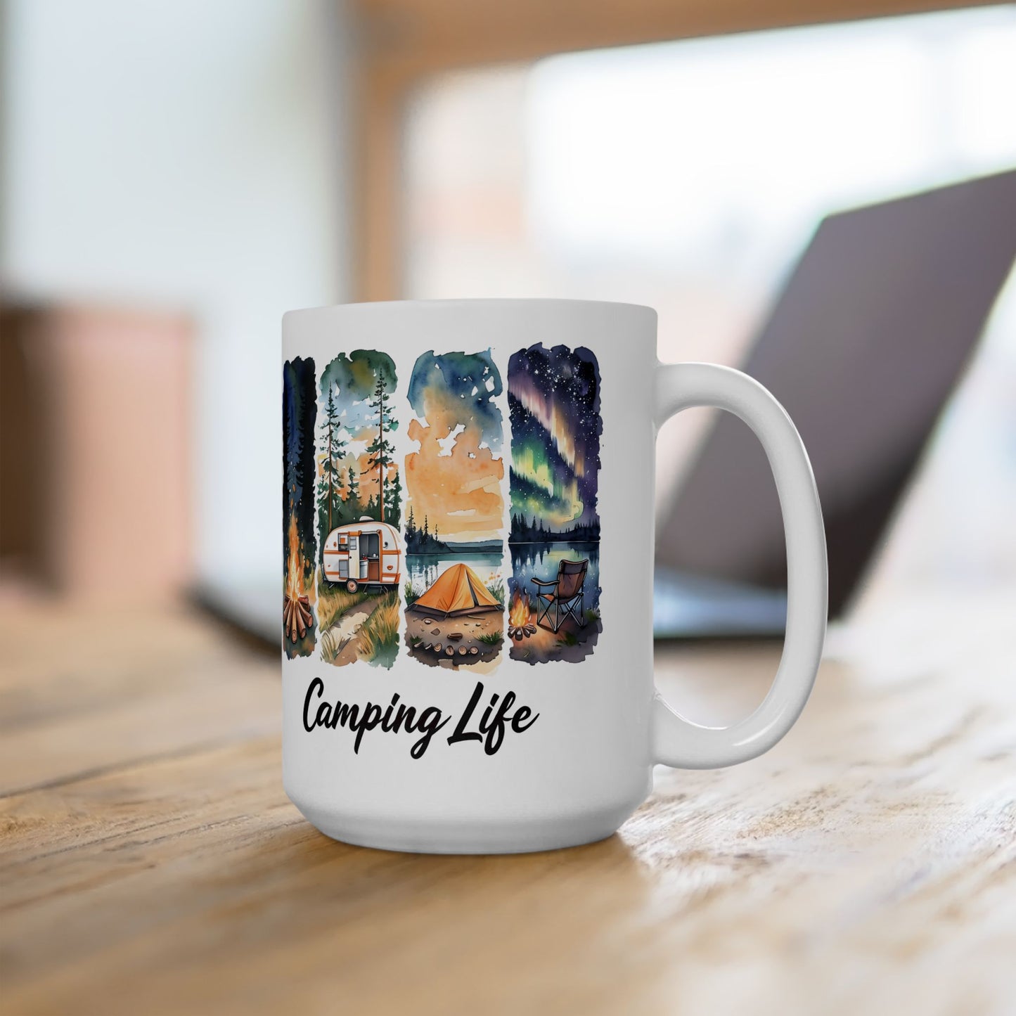 Camping Life Ceramic Mug — Scenic Campfire & Northern Lights Coffee Cup (11oz/15oz)