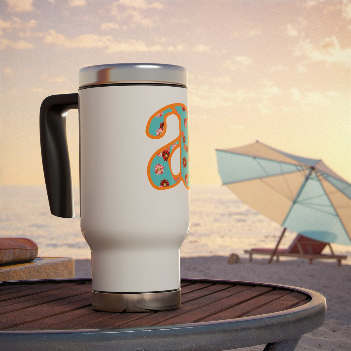 Floral Monogram 'a' Stainless Steel Travel Mug with Handle — 14oz