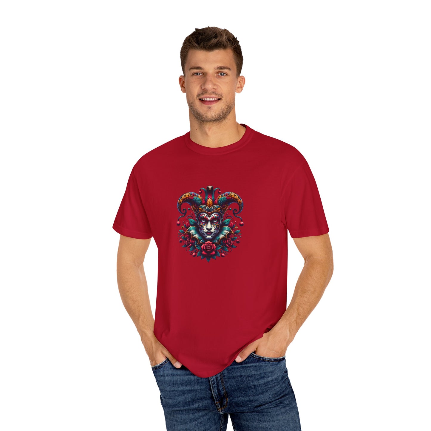 Vibrant Graphic Unisex T-Shirt with Floral Mask Design, Casual Wear, Festival Outfit, Gift for Friends, Unique Fashion Statement