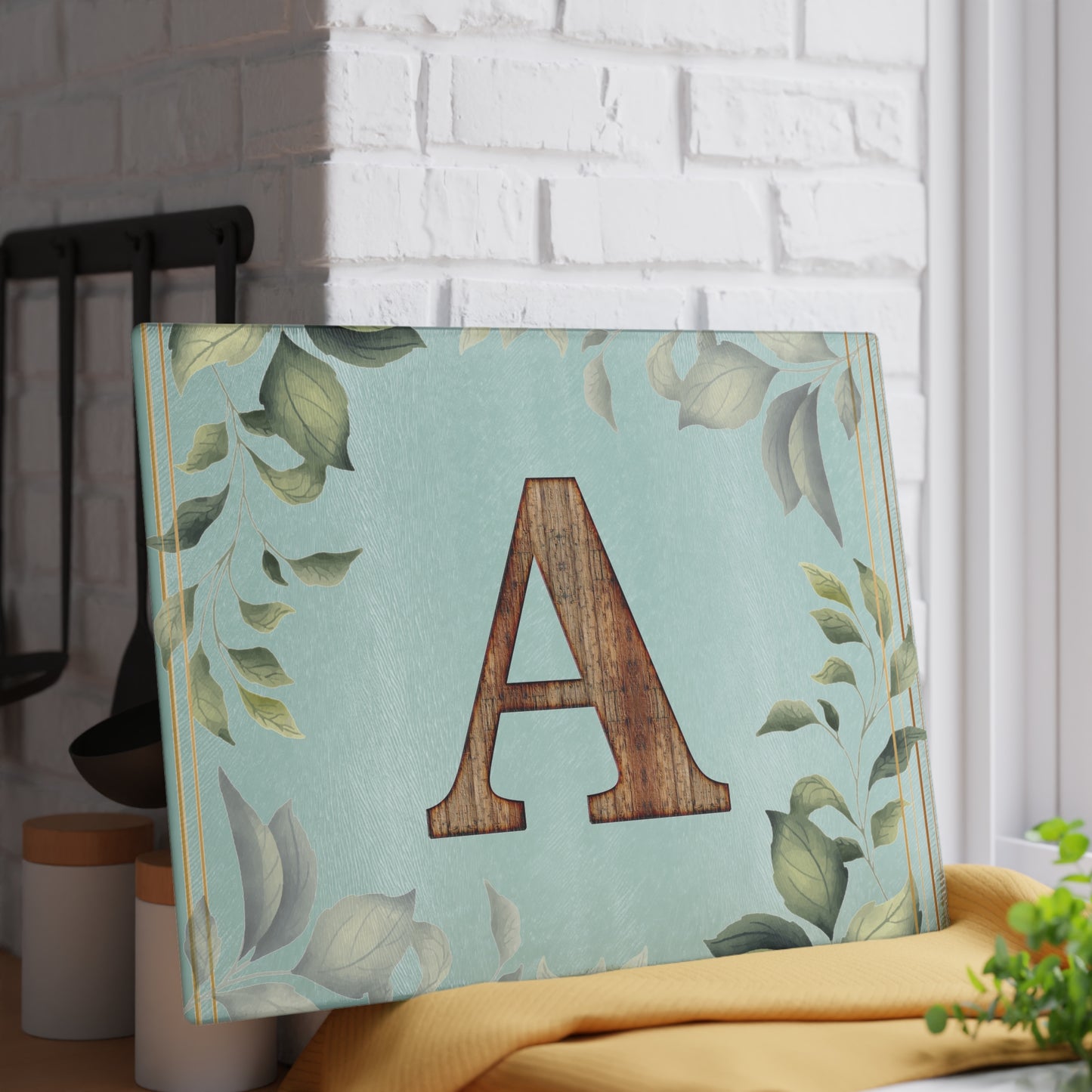 Monogram Glass Cutting Board – Rustic Wood Letter A with Botanical Leaves (Personalized Kitchen Gift)